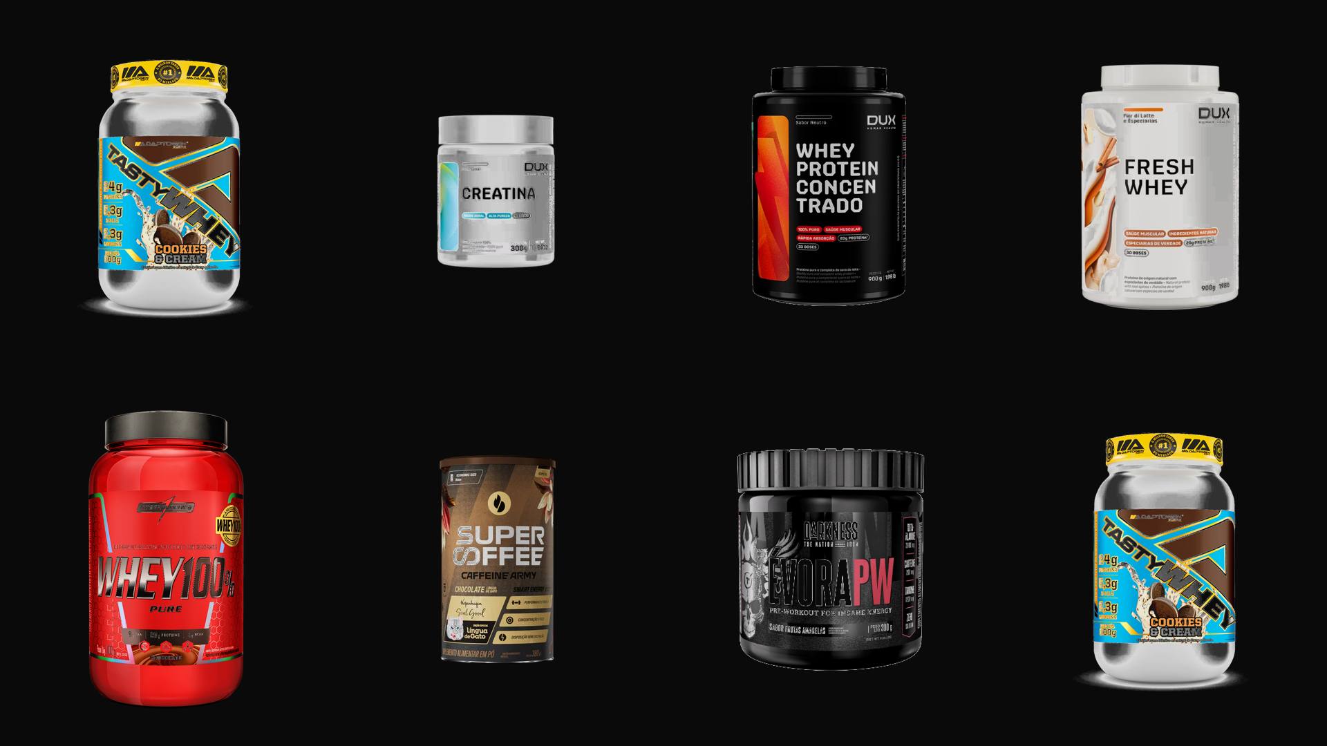Suplementos disponíveis na Fúria Suplementos: whey protein, creatina, pré-treino e SuperCoffee